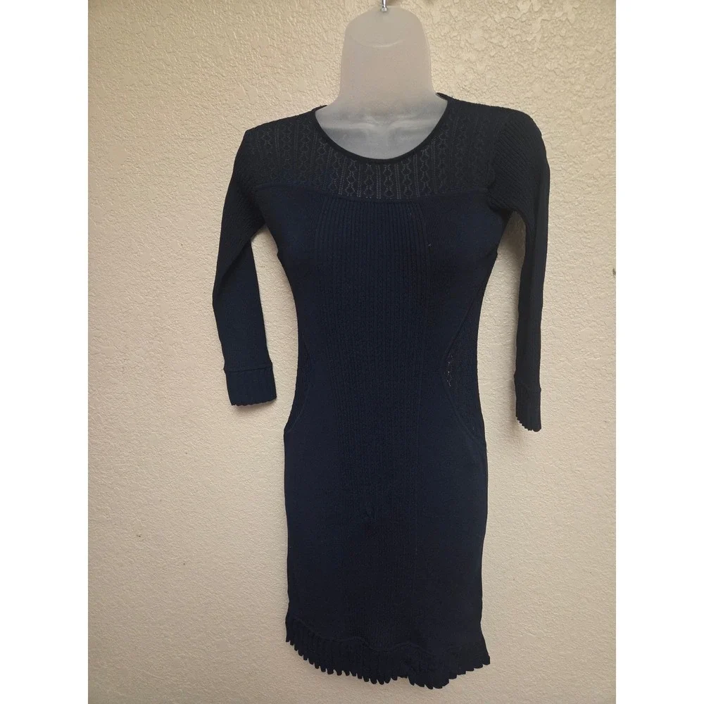 Marchesa Voyage Navy Blue Crochet Lace‎ Ribbed Knit Sheath Dress XS 3/4 Sleeve - Picture 3 of 9